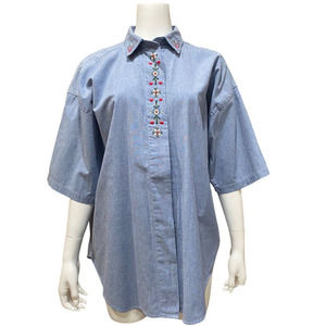 Vintage Chambray Denim Top Embroidered Floral Hearts Button Down Shirt